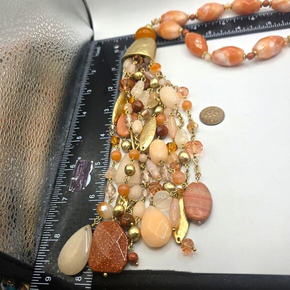 Chico's Statement Necklace Long Tassel Pendant Gold Tone Mixed Bead Peach Coral - Picture 6 of 12